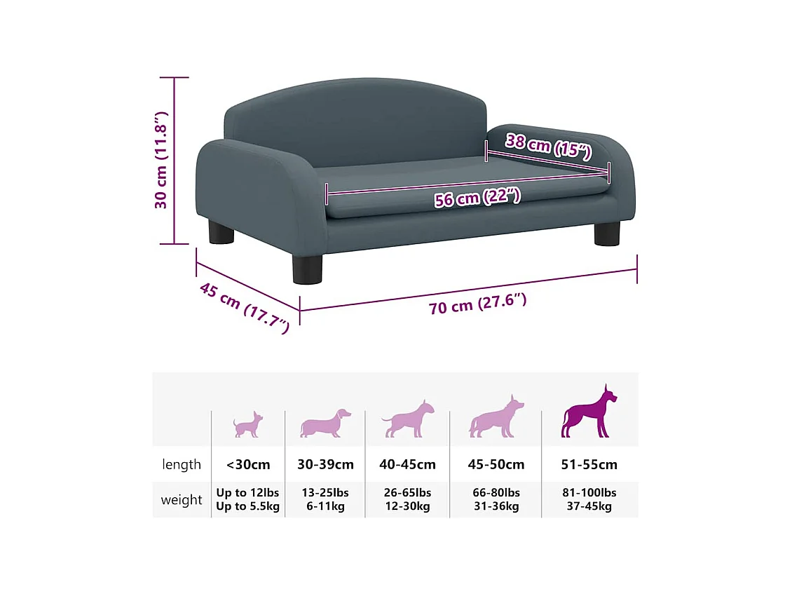Lit pour chien gris foncé 70x45x30 cm tissu