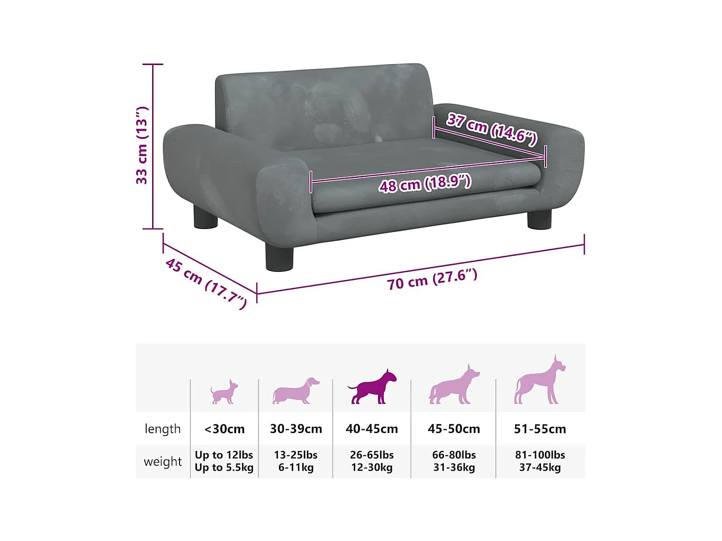 Cama para perro gris oscuro 70x45x33 cm terciopelo