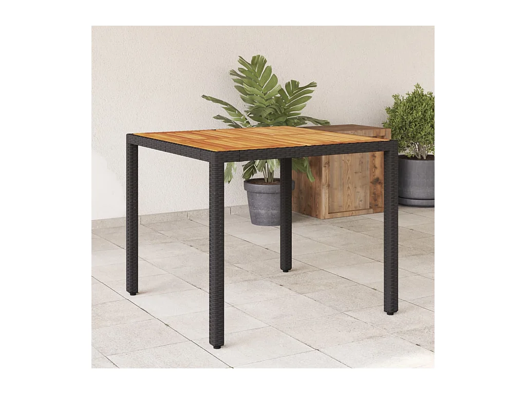 Tuintafel en blad in zwart acaciahout en gevlochten hars