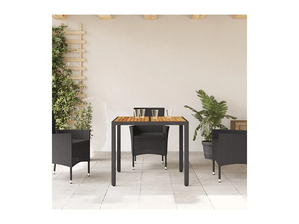 Tuintafel en blad in zwart acaciahout en gevlochten hars