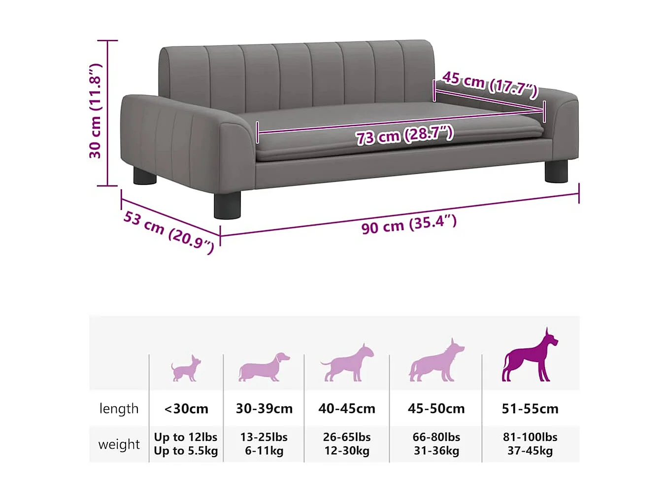 Lit pour chien gris 90x53x30 cm similicuir