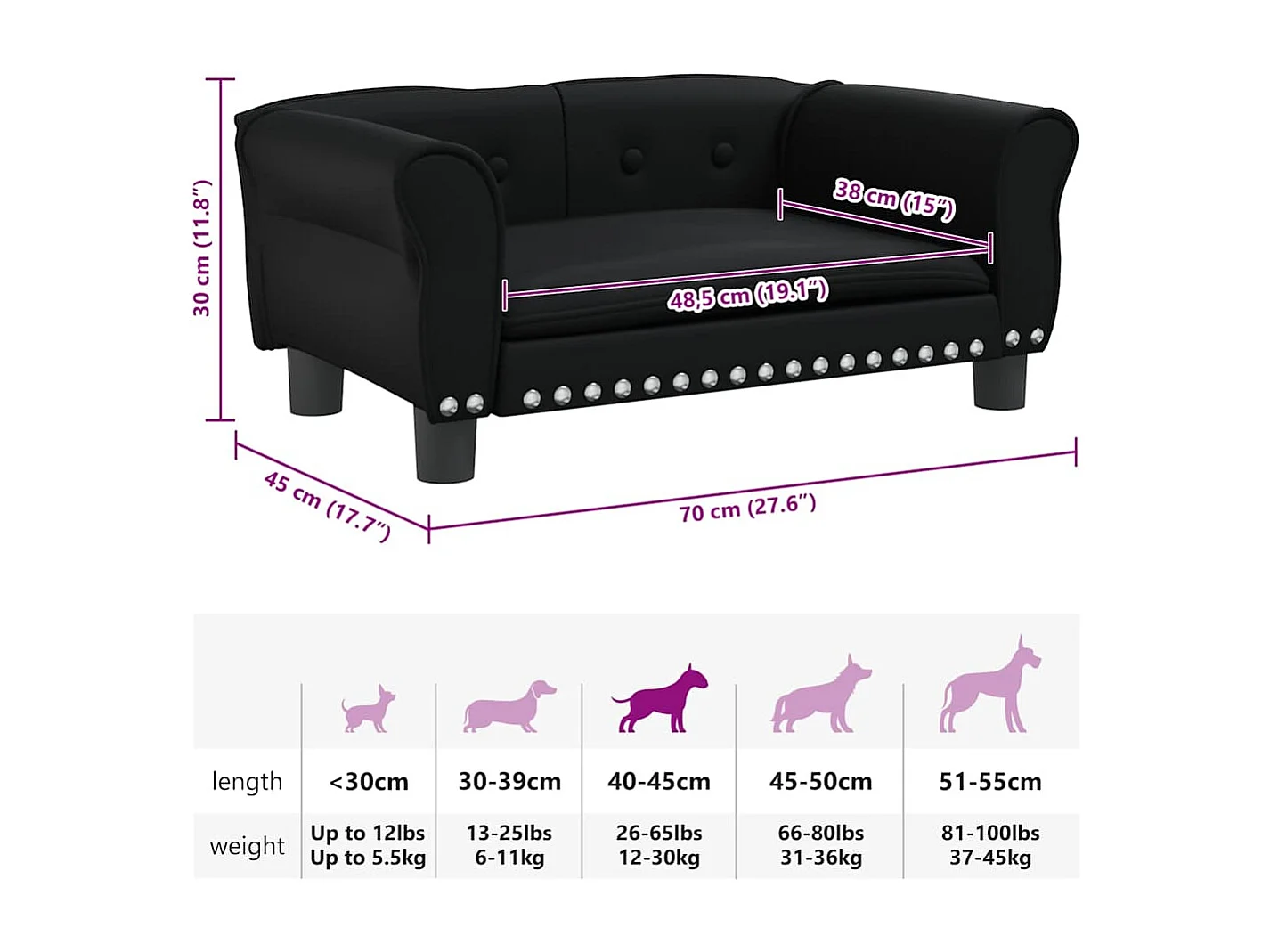 Lit pour chien noir 70x45x30 cm similicuir