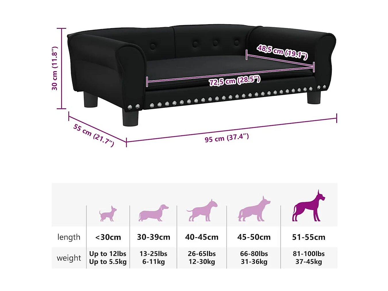 Cama para perro negra 95x55x30 cm piel sintética