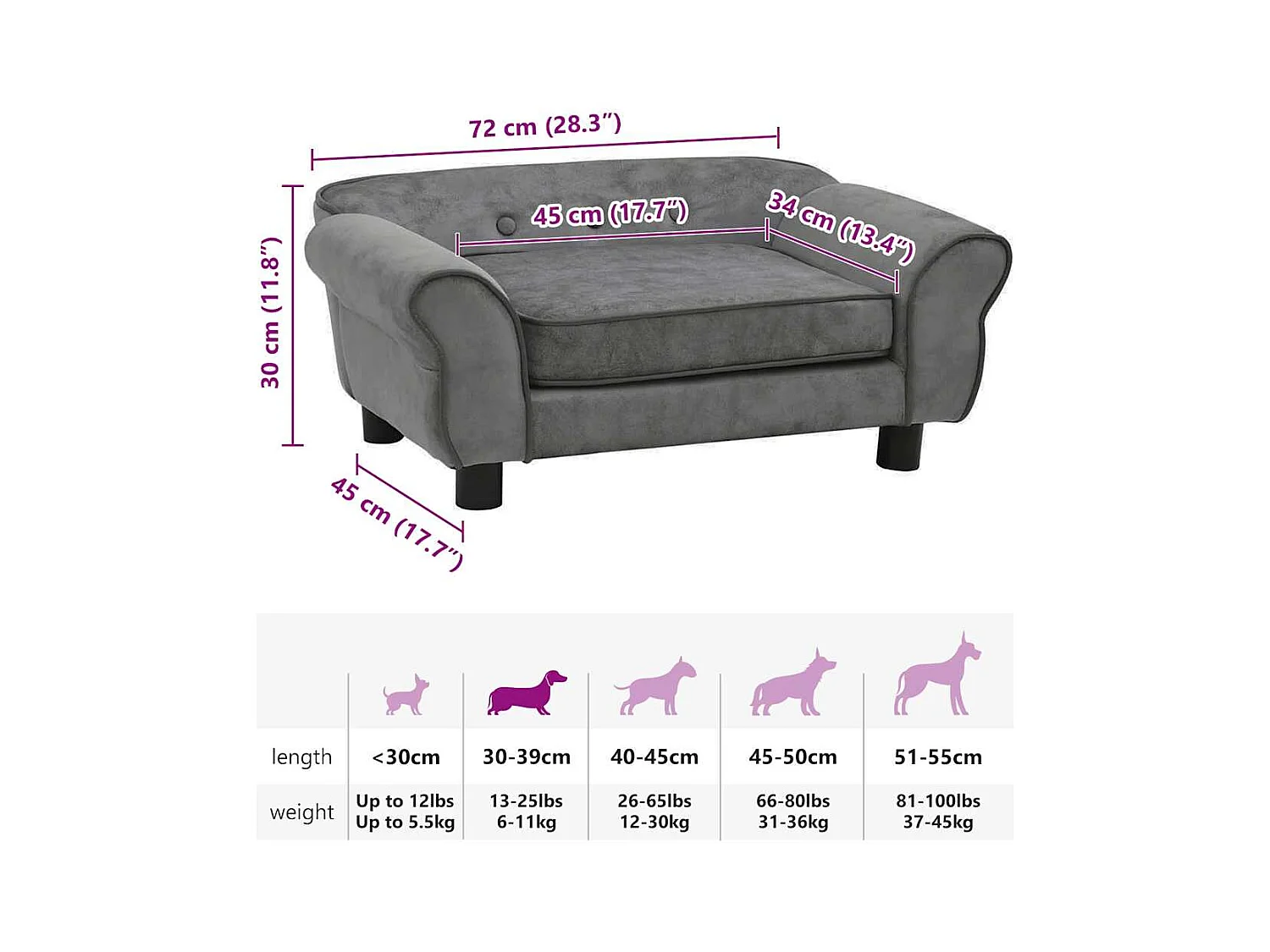 Hondensofa Donkergrijs 72x45x30 cm Pluche