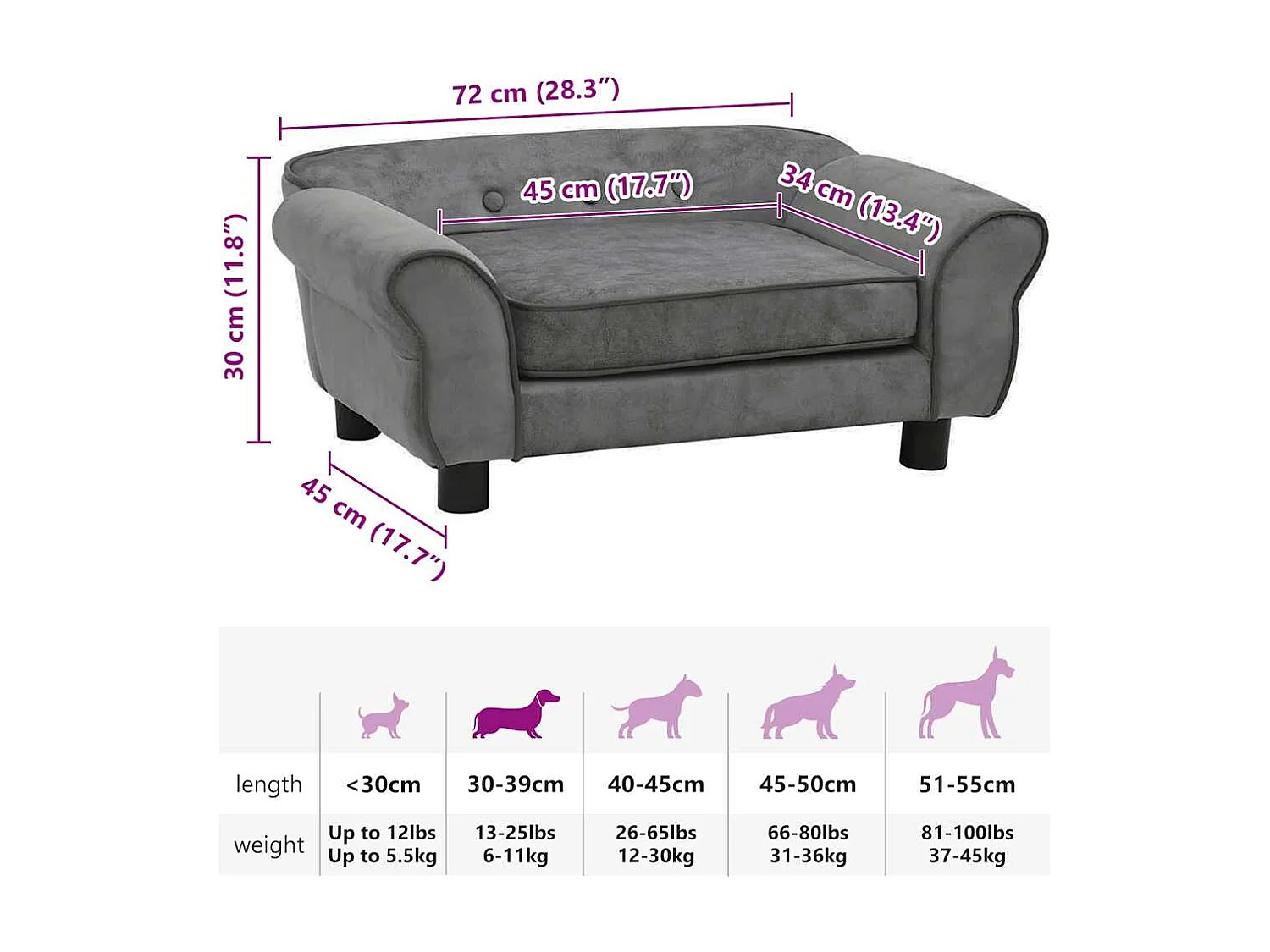 Canapé pour chien Gris foncé 72x45x30 cm Peluche