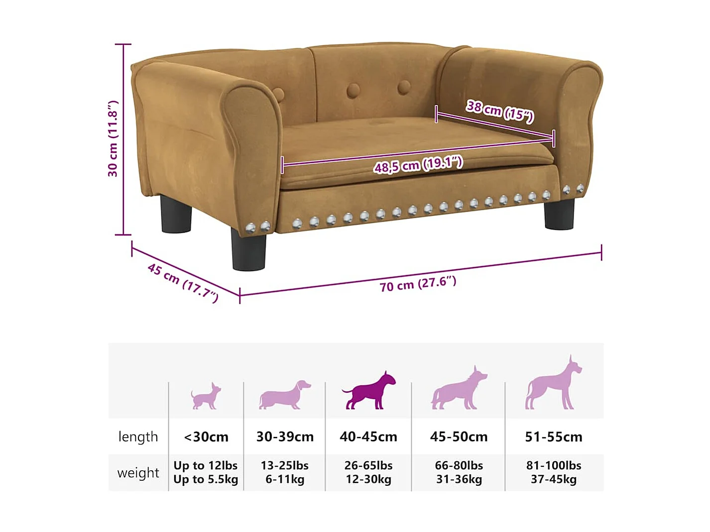 Lit pour chien marron 70x45x30 cm velours