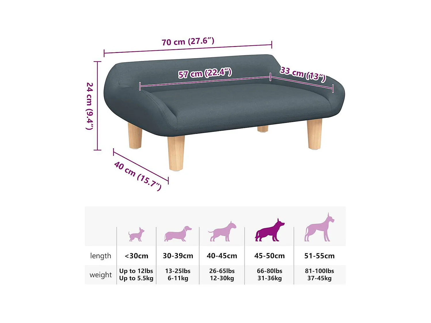 Cama para perro de tela gris oscuro 70x40x24 cm