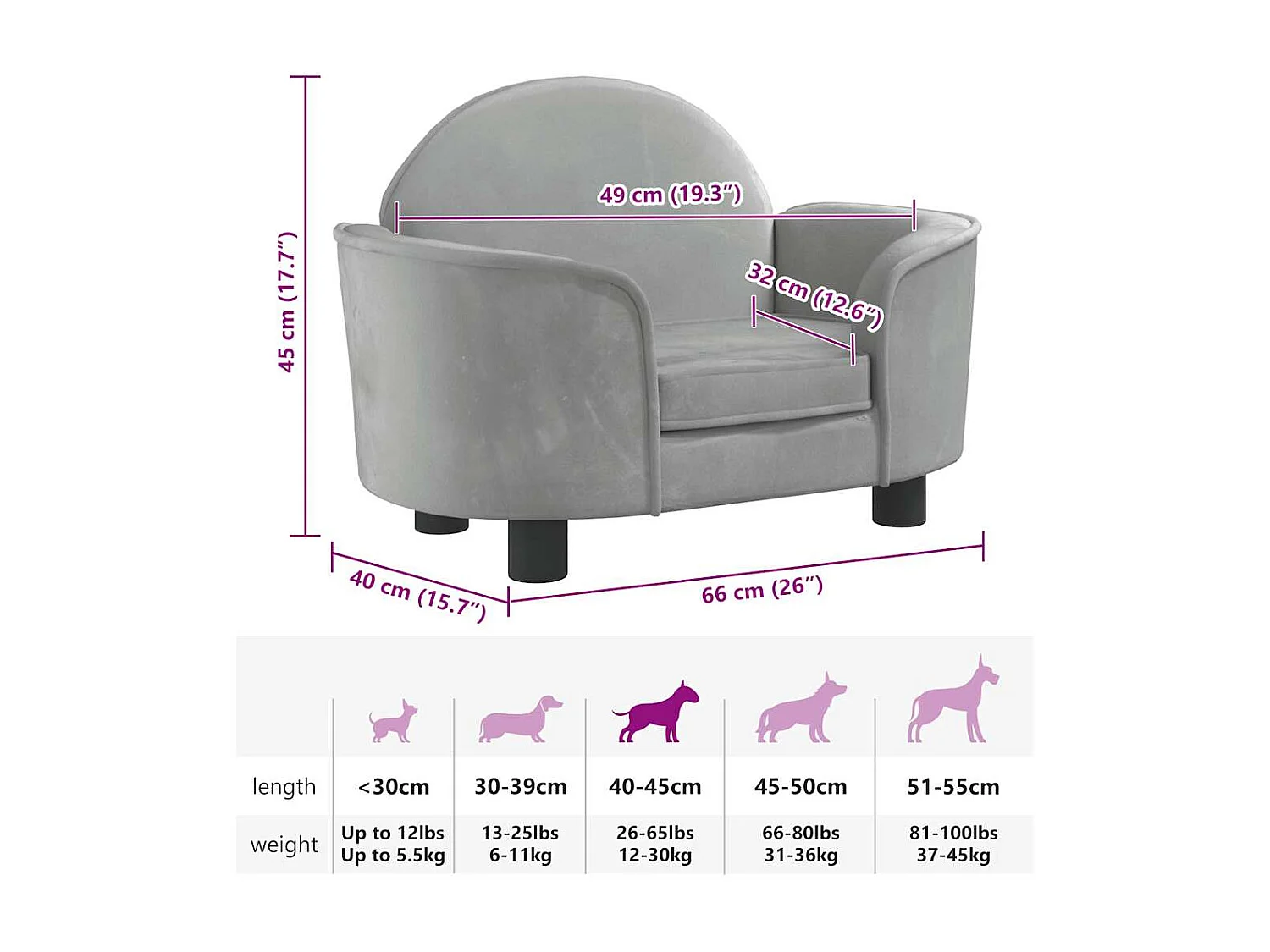 Lit pour chien gris clair 66x40x45 cm velours
