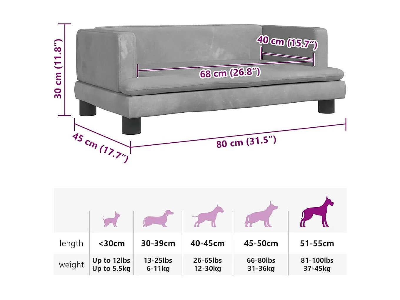 Lichtgrijs hondenbed 80x45x30 cm fluweel