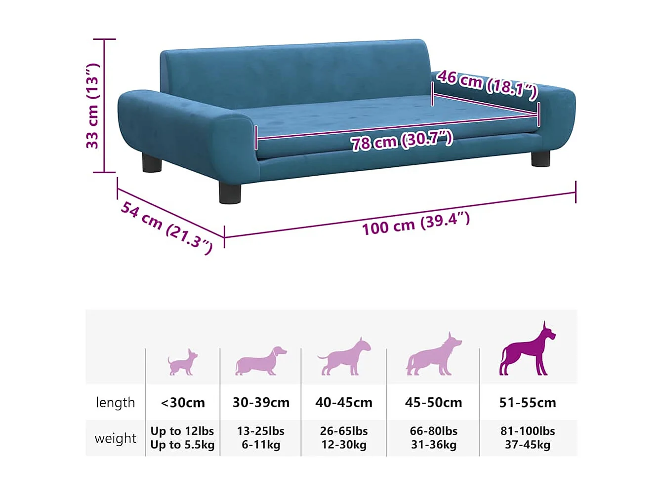 Blauwe hondenmand 100x54x33 cm fluweel