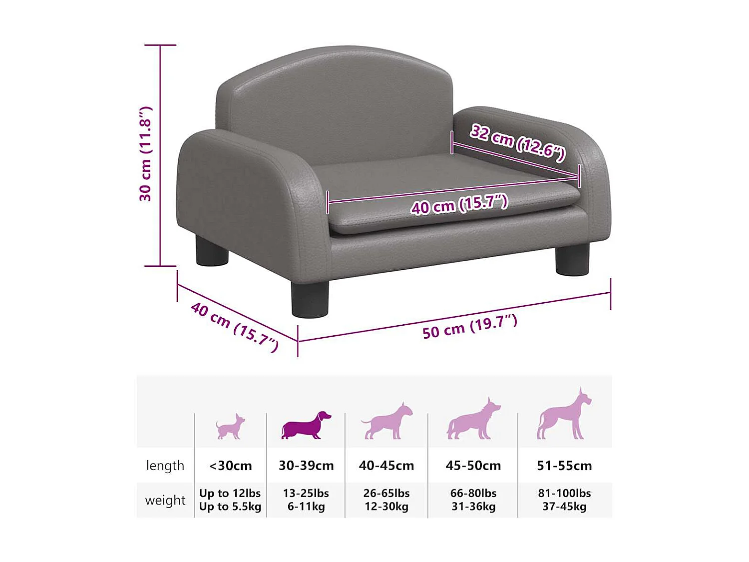 Lit pour chien gris 50x40x30 cm similicuir