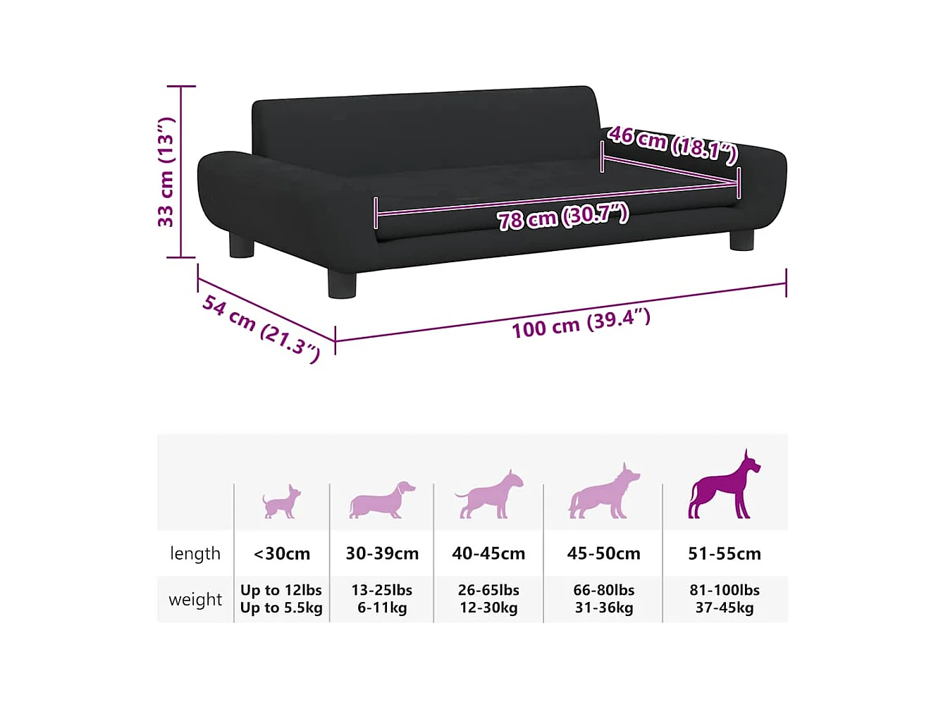Cama para perro negra de terciopelo 100x54x33 cm