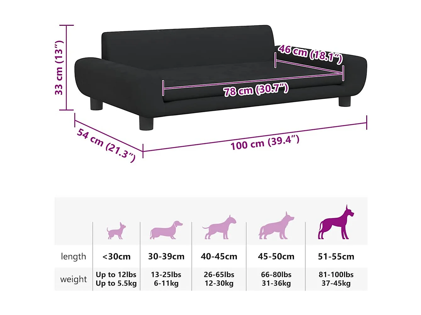 Cuccia per cani nera 100x54x33 cm in velluto