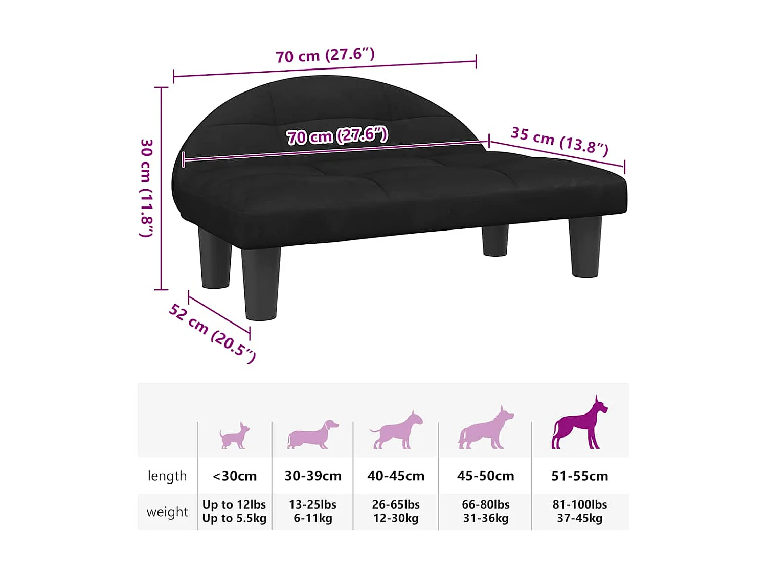 Cuccia per cani nera 70x52x30 cm in velluto