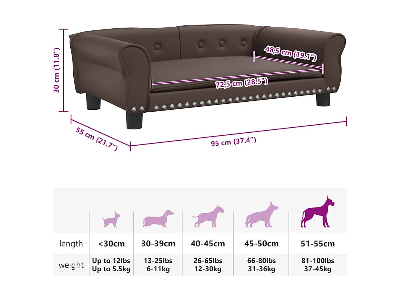 Cama para perro marrón 95x55x30 cm piel sintética