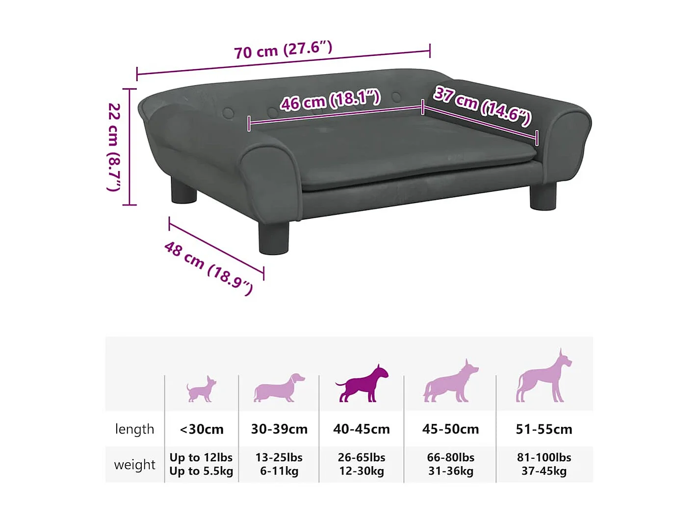 Lit pour chien gris foncé 70x48x22 cm velours