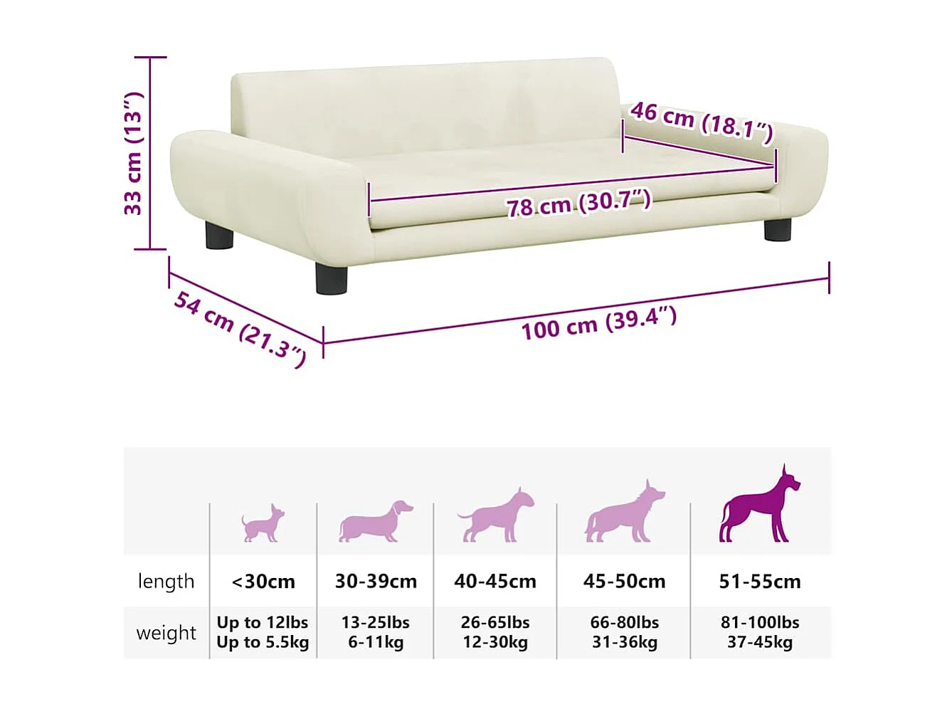 Lit pour chien crème 100x54x33 cm velours