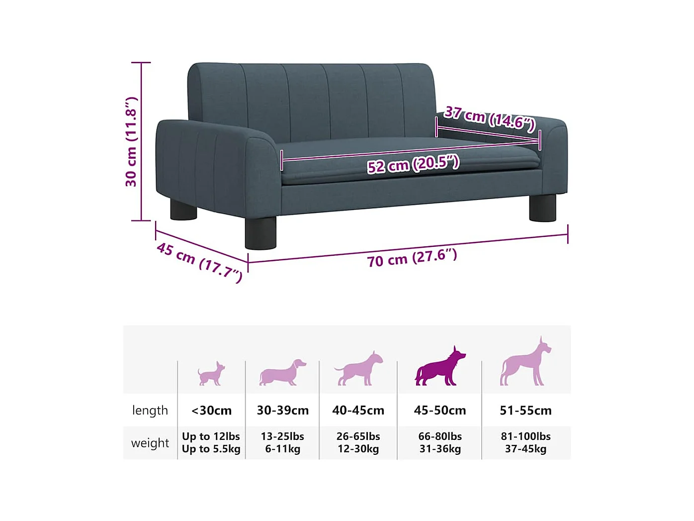 Lit pour chien gris foncé 70x45x30 cm tissu