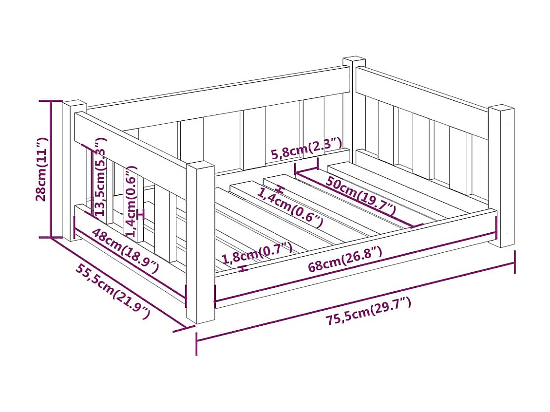 Hondenbed 75,5x55,5x28 cm massief grenenhout