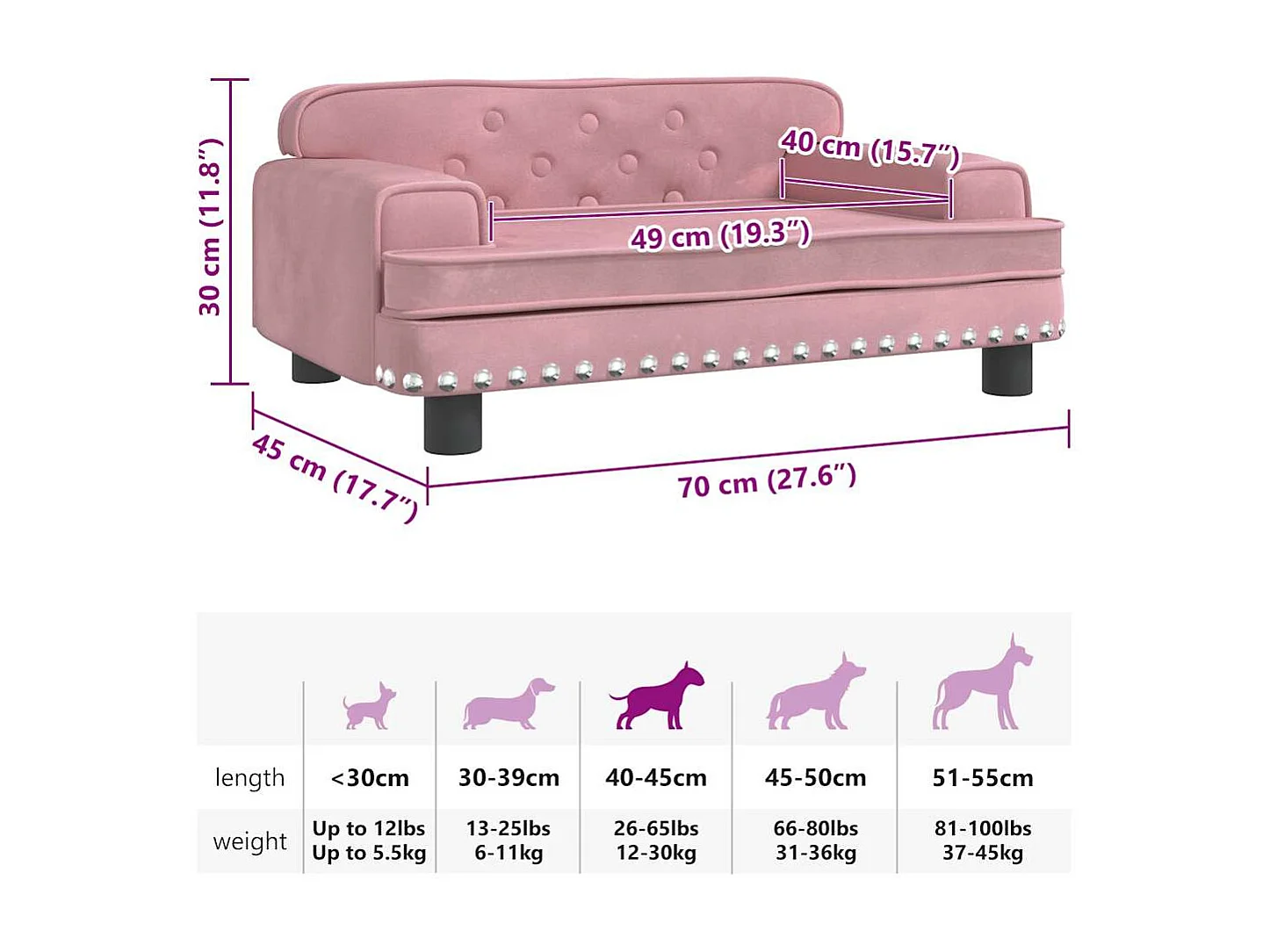 Cama para perro rosa de terciopelo 70x45x30 cm