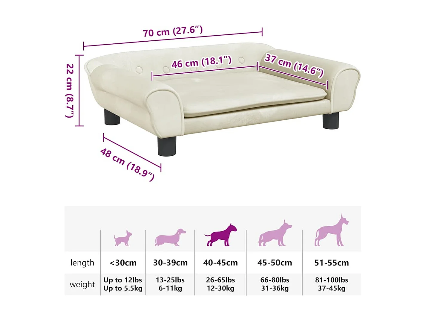 Cama para perro color crema 70x48x22 cm terciopelo