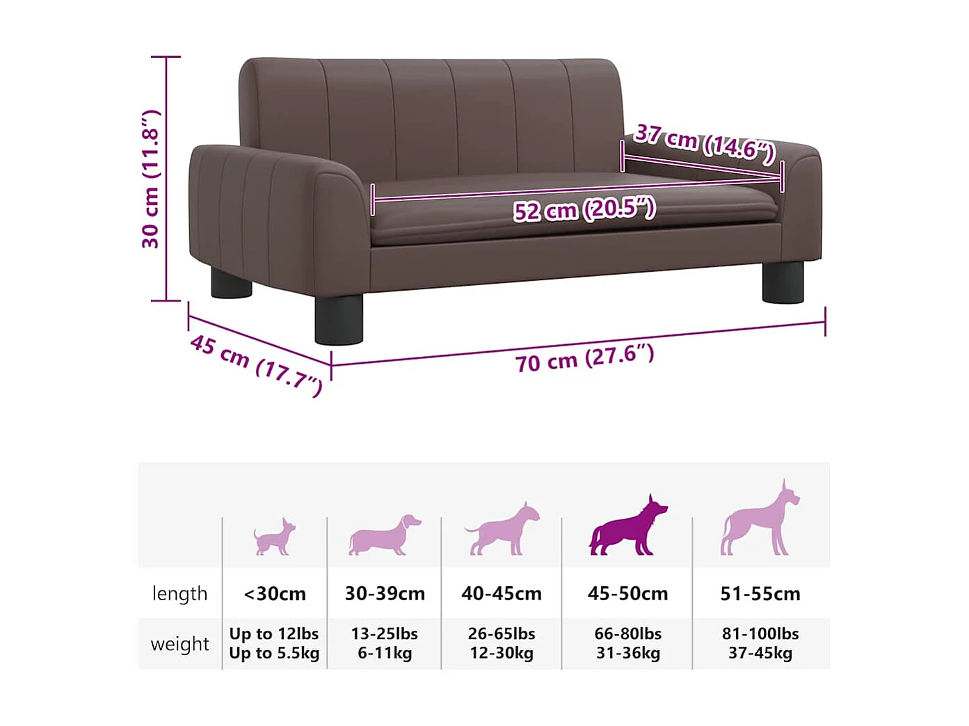 Lit pour chien marron 70x45x30 cm similicuir