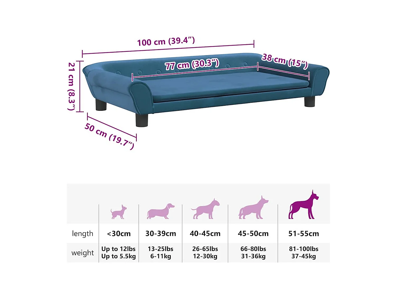 Lit pour chien bleu 100x50x21 cm velours