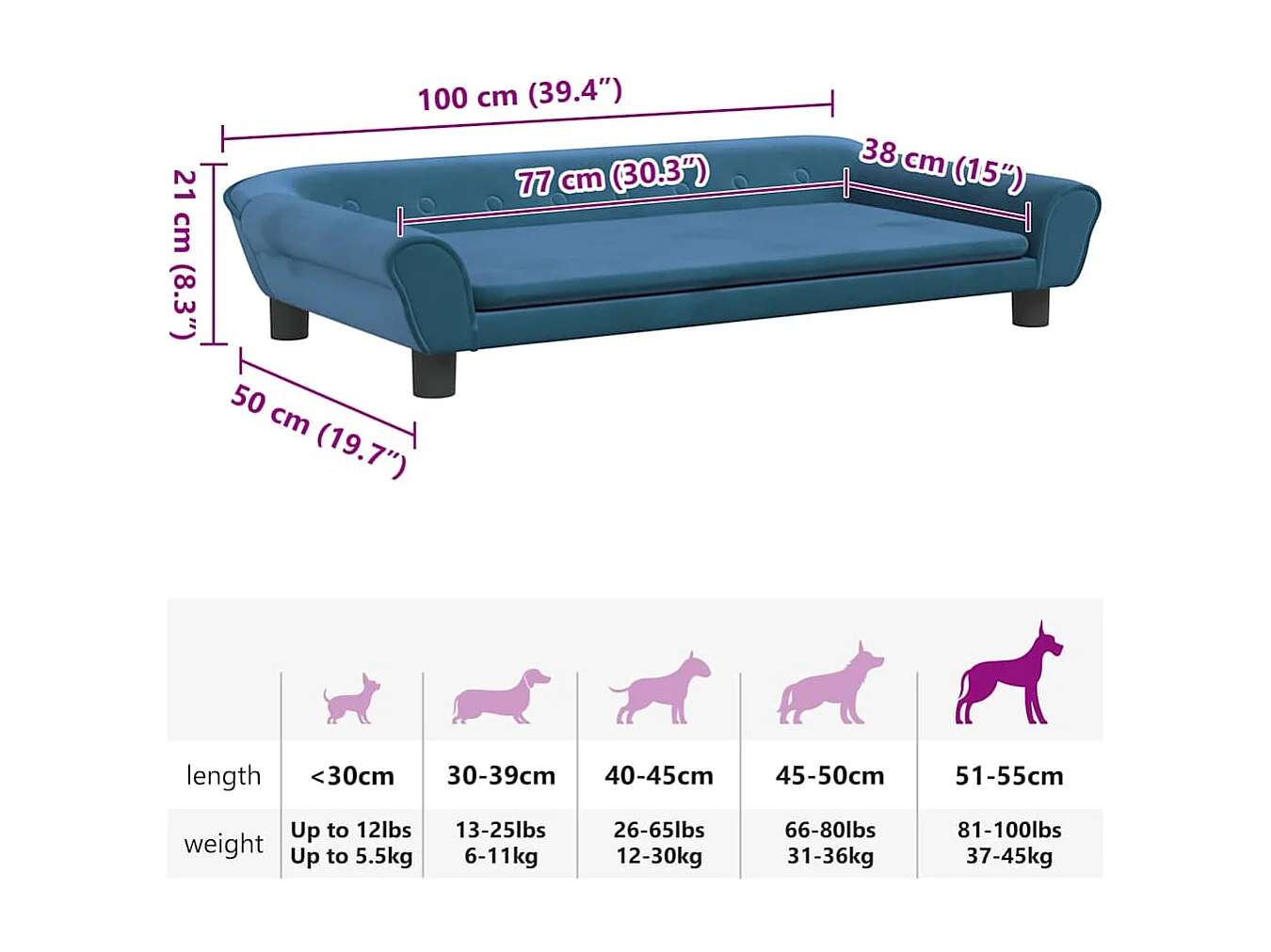 Cama para perro azul 100x50x21 cm terciopelo