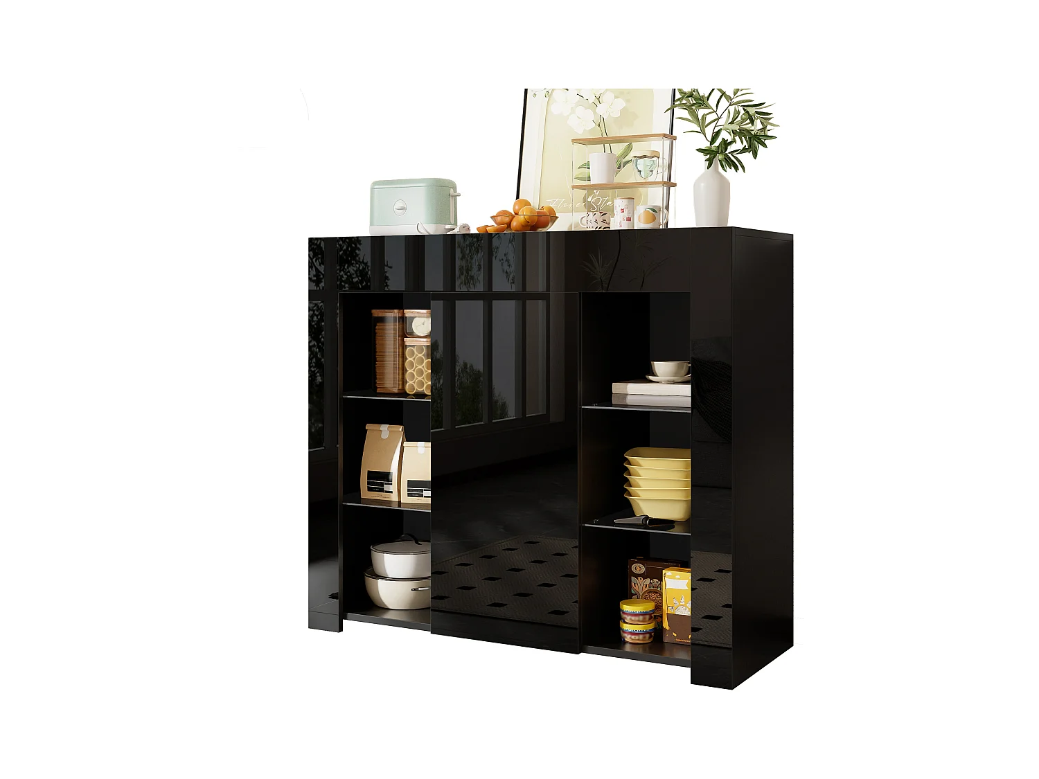 Komoda z frontem błyszczącym - 95 x 35 x 83,5 cm - z półkami szklanymi + drzwi - płyta wiórowa - czarna