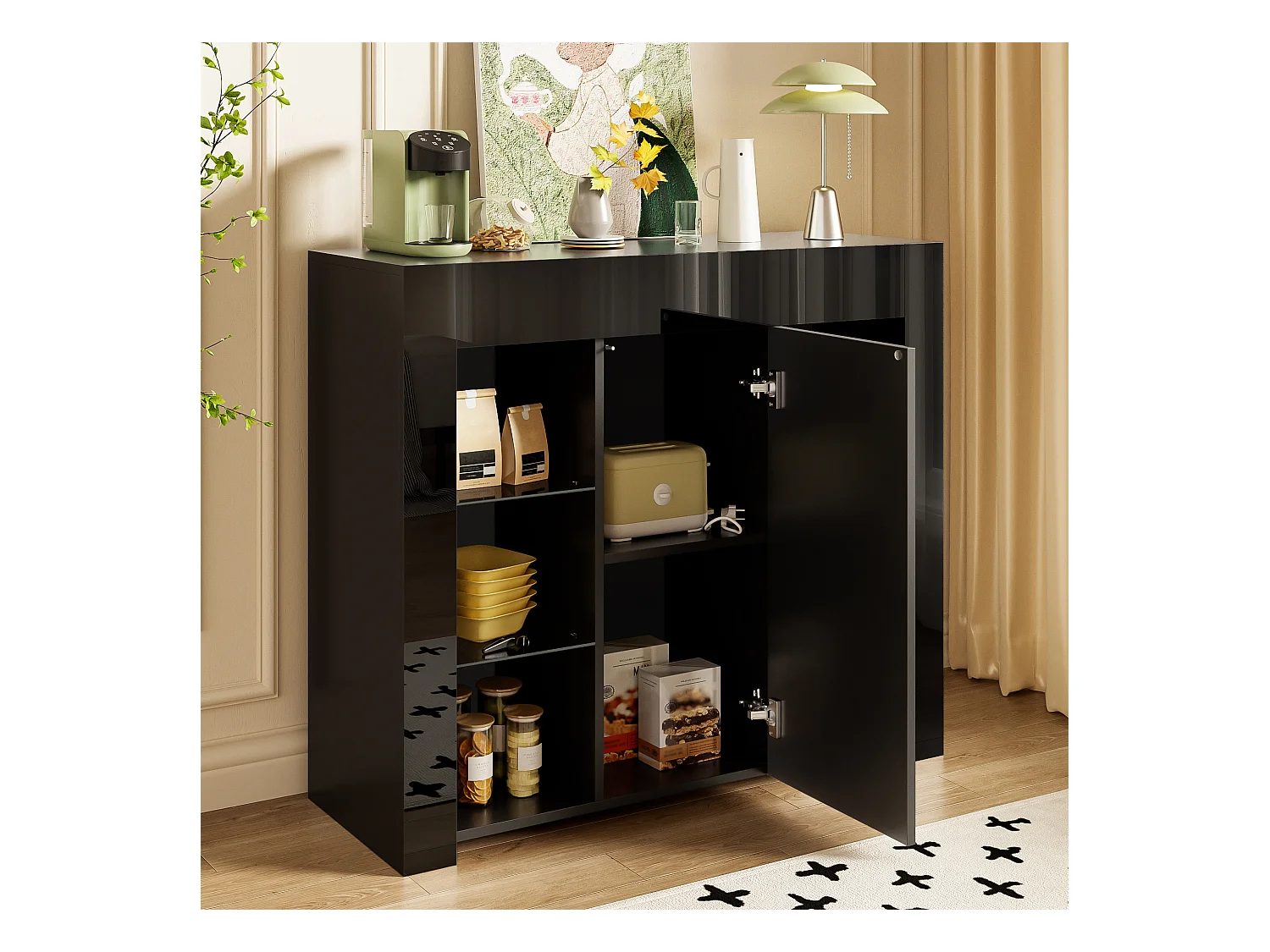 Komoda z frontem błyszczącym - 95 x 35 x 83,5 cm - z półkami szklanymi + drzwi - płyta wiórowa - czarna