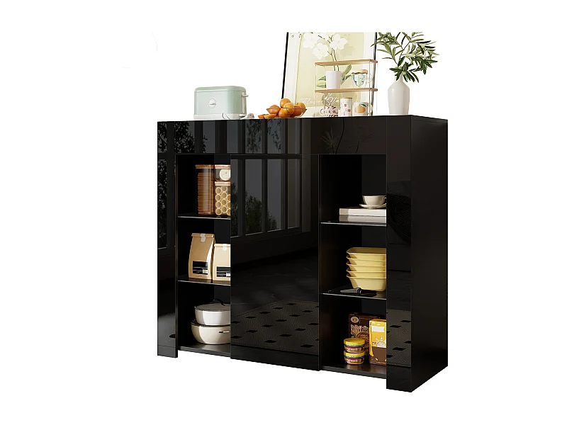 Dressoir met glanzend front - 95 x 35 x 83,5 cm - met glazen planken + deur - spaanplaat - zwart