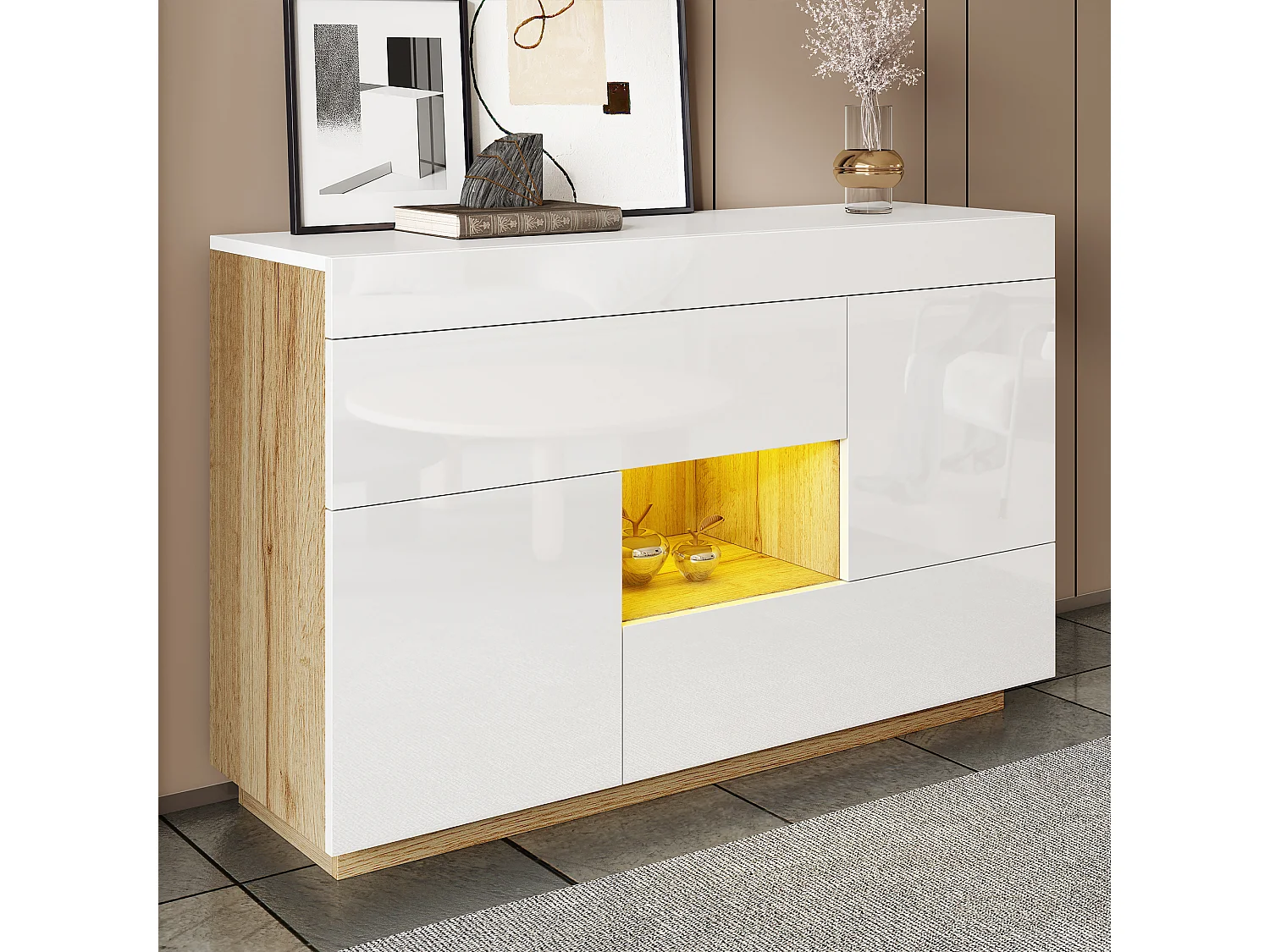 Dressoir met meerkleurige LED's, gelakt design, met 2 deuren en 2 laden, spaanplaat, wit (120x76,5x35 cm)