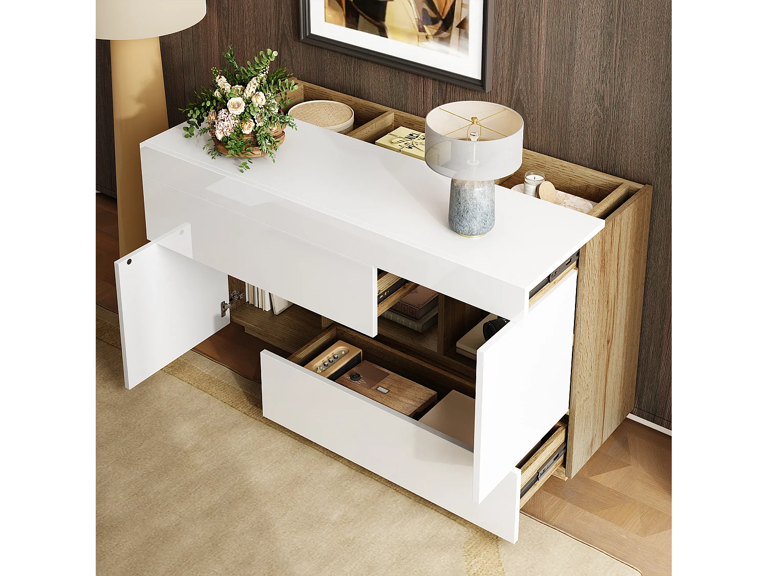 Dressoir met meerkleurige LED's, gelakt design, met 2 deuren en 2 laden, spaanplaat, wit (120x76,5x35 cm)