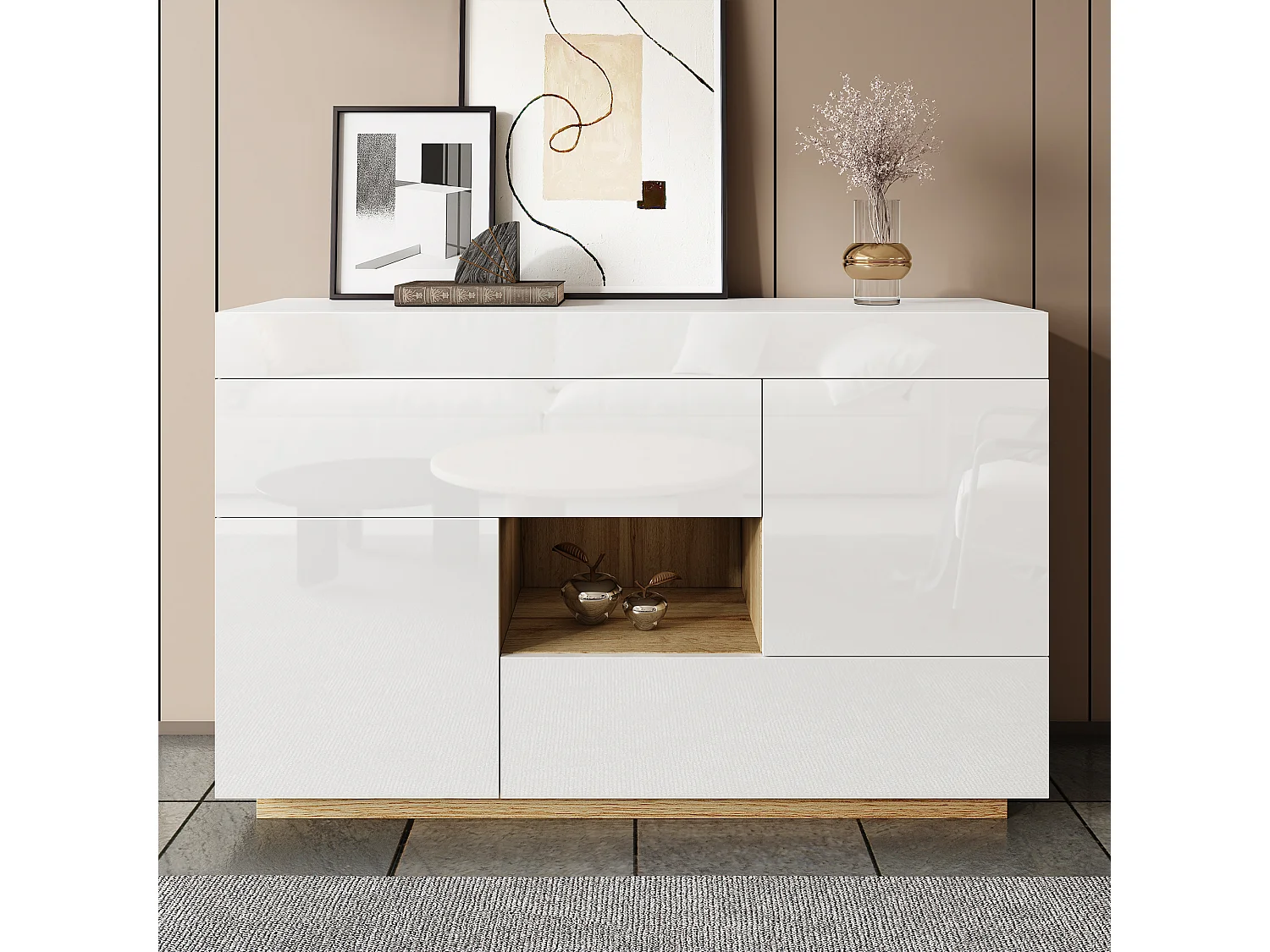 Dressoir met meerkleurige LED's, gelakt design, met 2 deuren en 2 laden, spaanplaat, wit (120x76,5x35 cm)