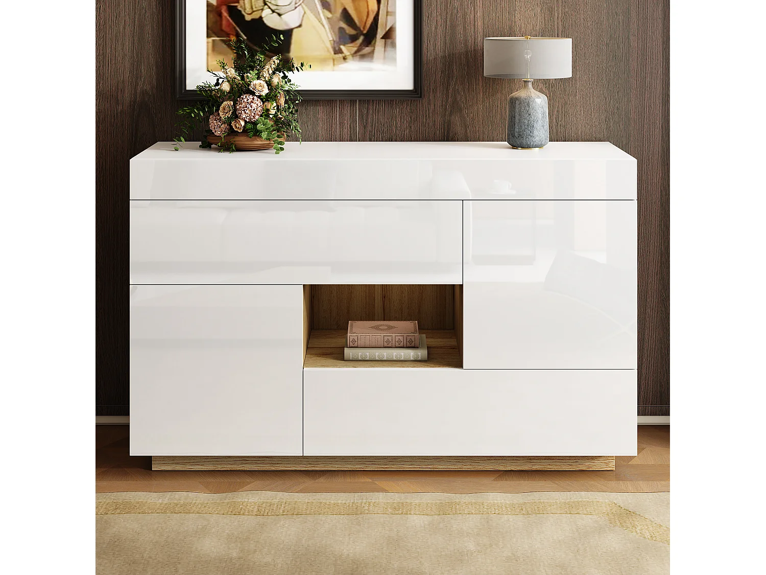 Dressoir met meerkleurige LED's, gelakt design, met 2 deuren en 2 laden, spaanplaat, wit (120x76,5x35 cm)