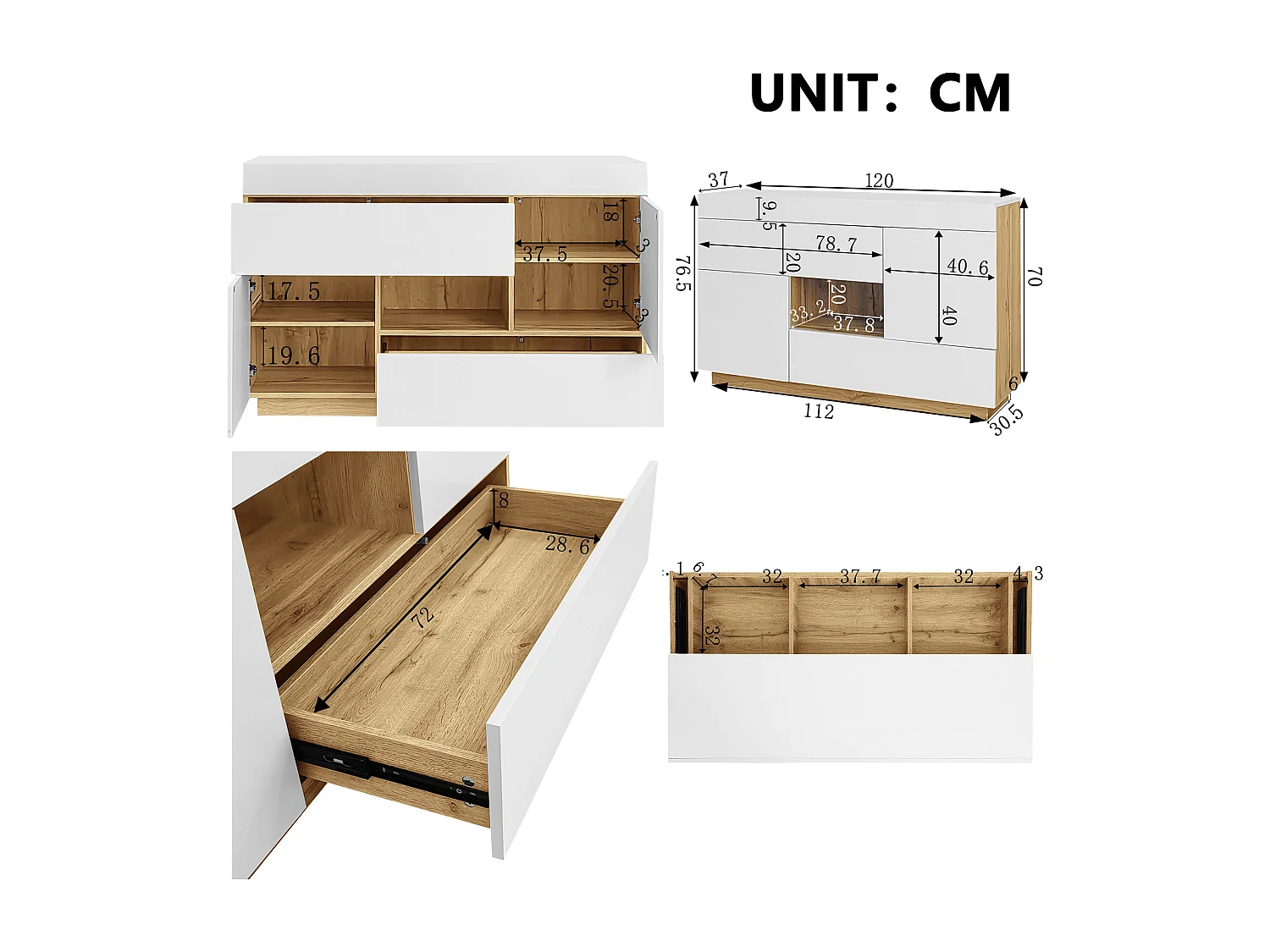 Dressoir met meerkleurige LED's, gelakt design, met 2 deuren en 2 laden, spaanplaat, wit (120x76,5x35 cm)