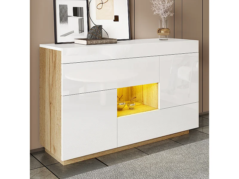 Dressoir met meerkleurige LED's, gelakt design, met 2 deuren en 2 laden, spaanplaat, wit (120x76,5x35 cm)