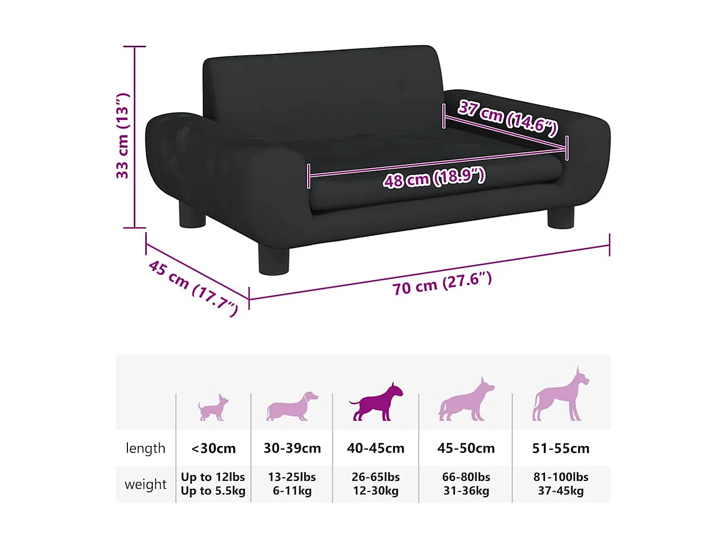 Lit pour chien noir 70x45x33 cm velours