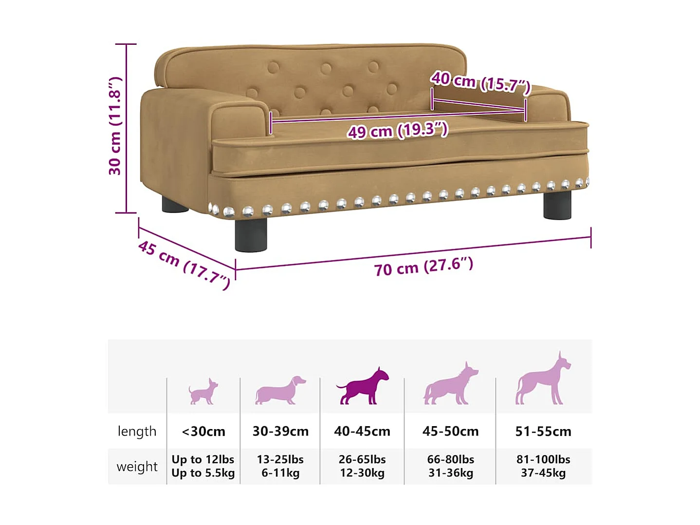 Lit pour chien marron 70x45x30 cm velours