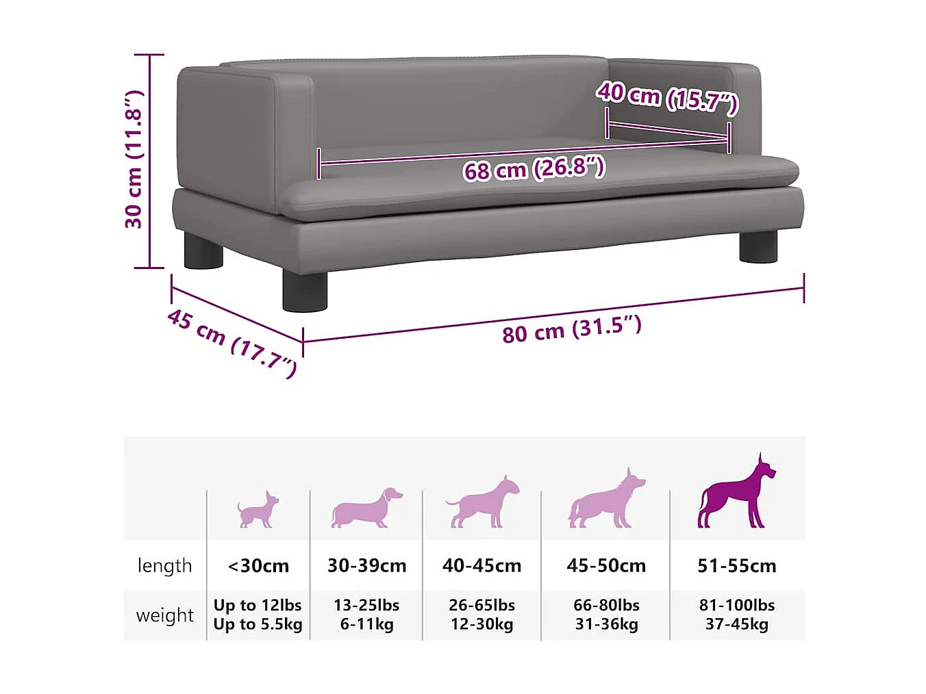 Lit pour chien gris 80x45x30 cm similicuir