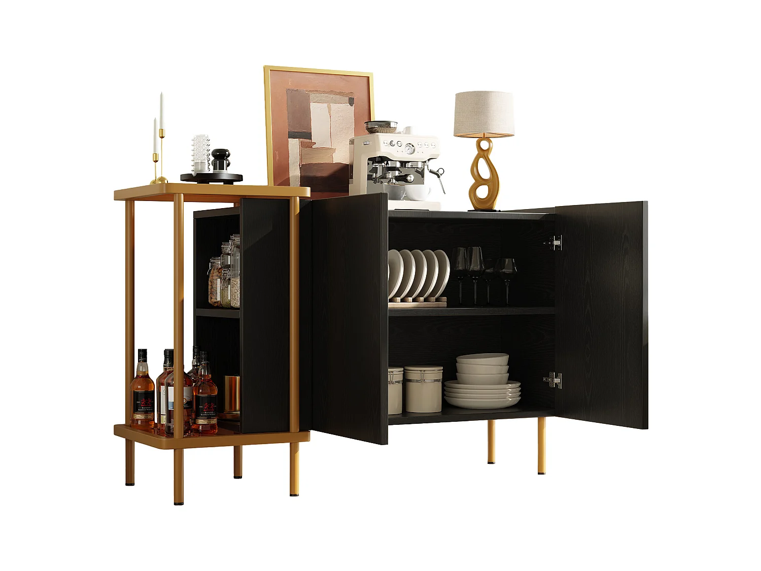 Buffet avec 2 portes et 2 étagères ouvertes, métal/verre, noir (120x40x77.5 cm)