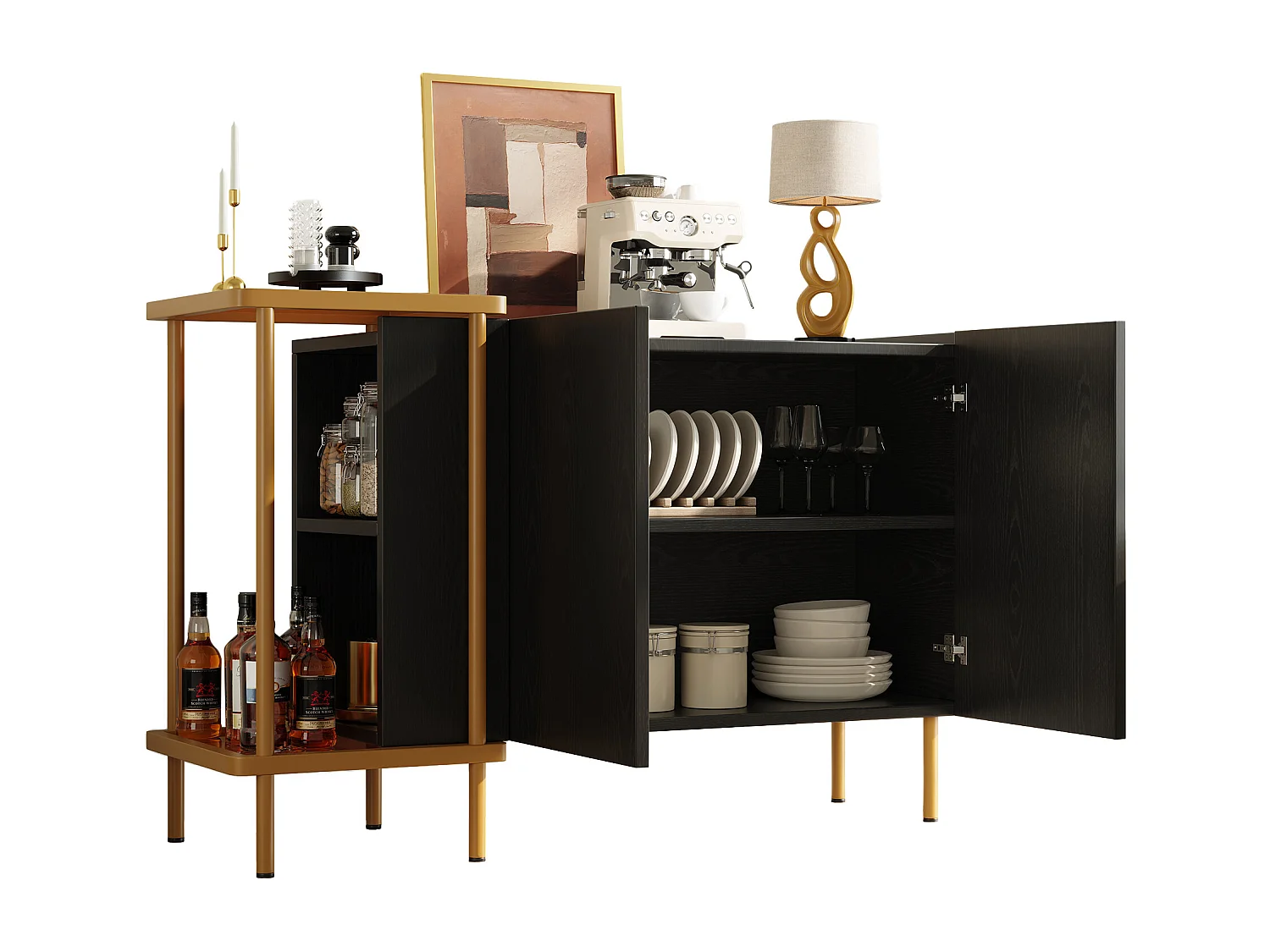 Dressoir met 2 deuren en 2 open planken, metaal/glas, zwart (120x40x77,5 cm)