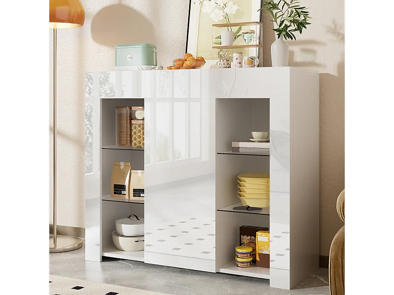 Buffet avec façade brillante - 95 x 35 x 83.5 cm - avec étagères en verre + porte - aggloméré - blanc