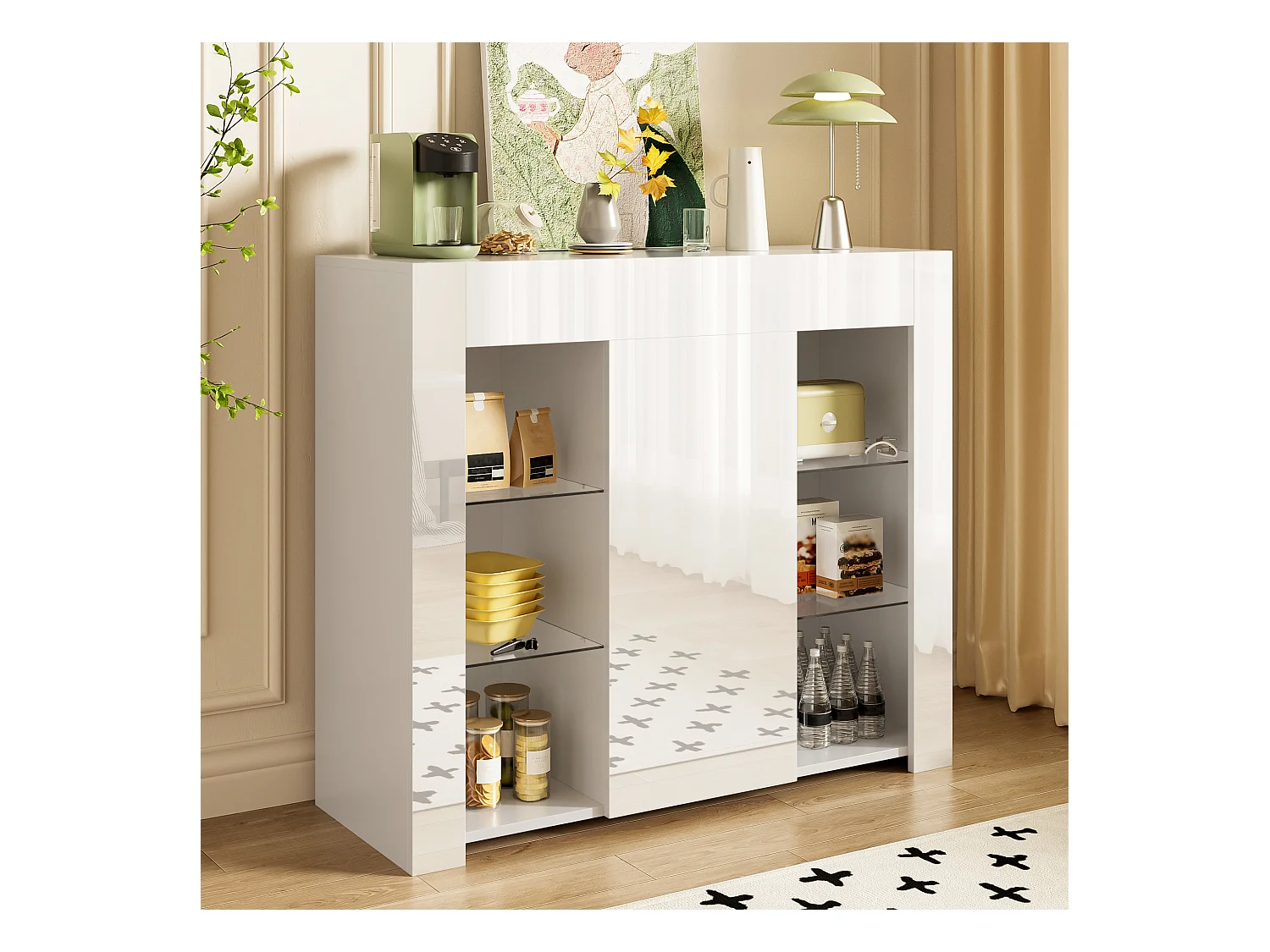 Buffet avec façade brillante - 95 x 35 x 83.5 cm - avec étagères en verre + porte - aggloméré - blanc