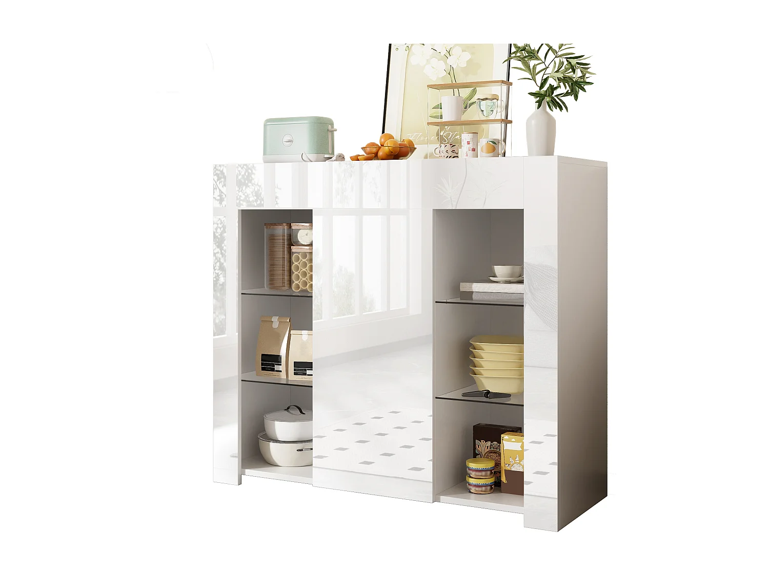 Buffet avec façade brillante - 95 x 35 x 83.5 cm - avec étagères en verre + porte - aggloméré - blanc