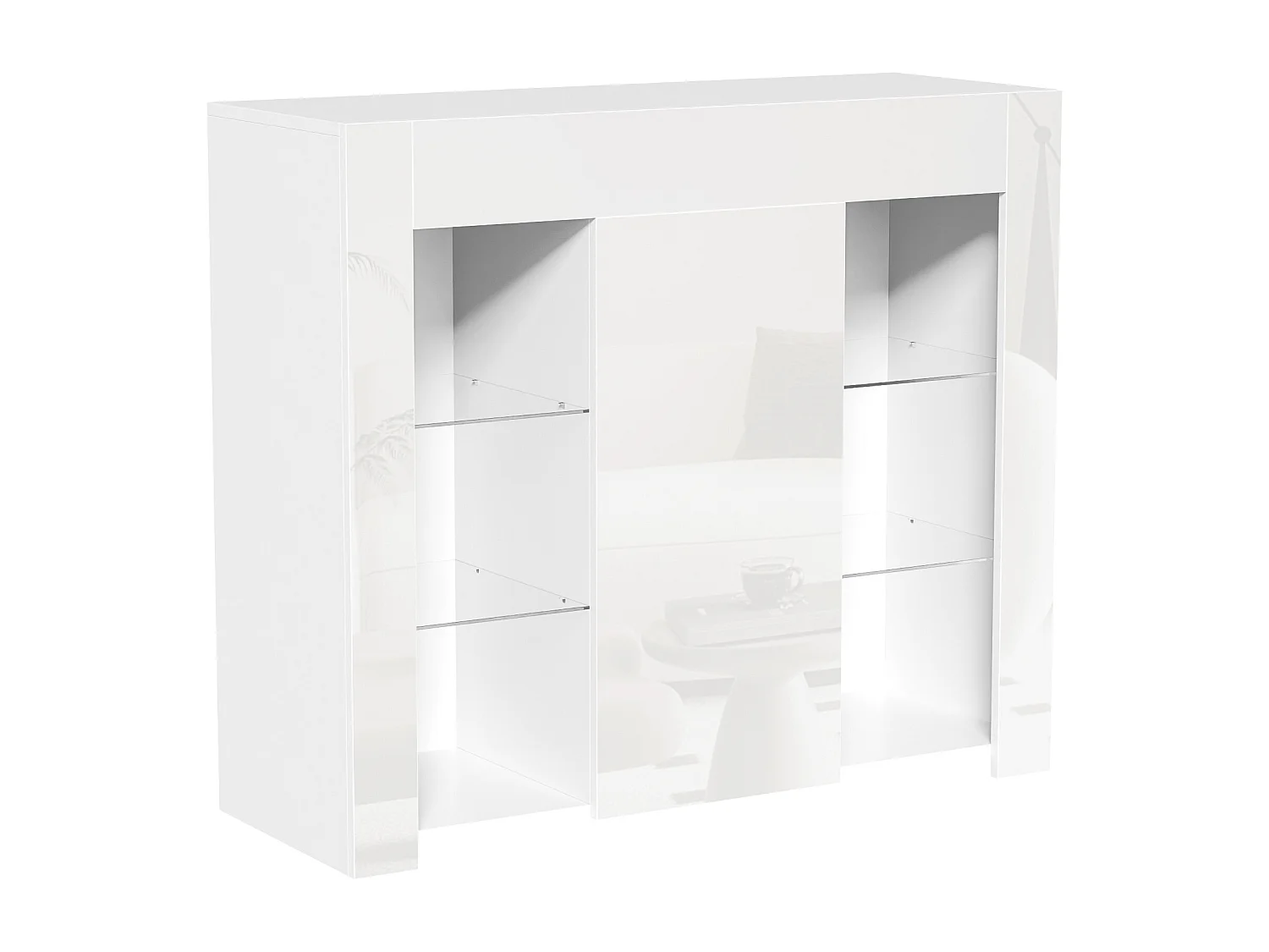 Buffet avec façade brillante - 95 x 35 x 83.5 cm - avec étagères en verre + porte - aggloméré - blanc