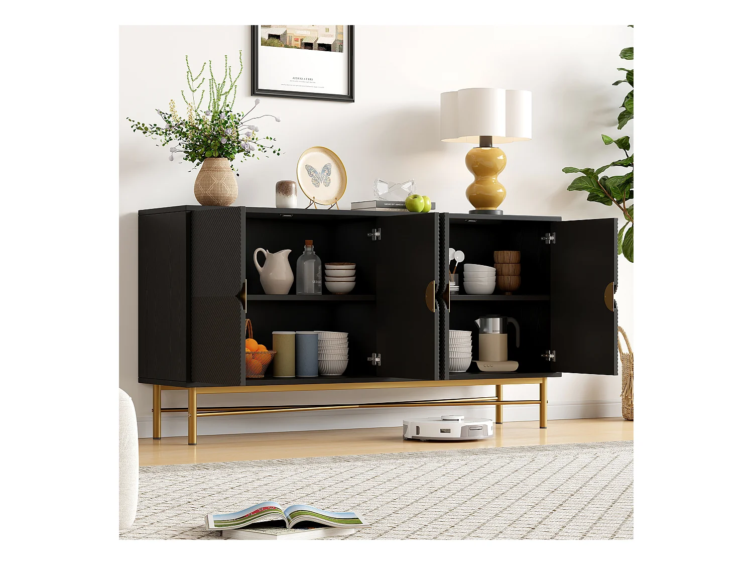 Buffet avec texture en relief, 4 portes, poignées dorées et pieds laqués, noir (160x40x82 cm)