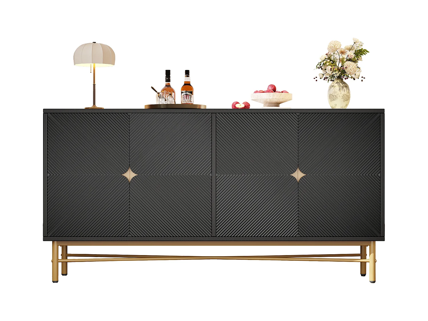 Buffet avec texture en relief, 4 portes, poignées dorées et pieds laqués, noir (160x40x82 cm)