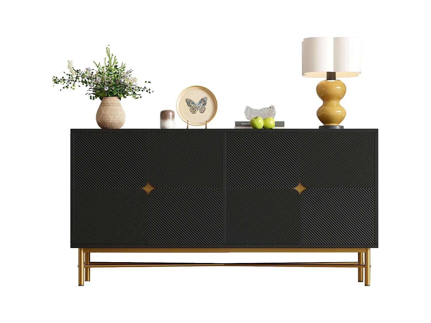 Buffet avec texture en relief, 4 portes, poignées dorées et pieds laqués, noir (160x40x82 cm)