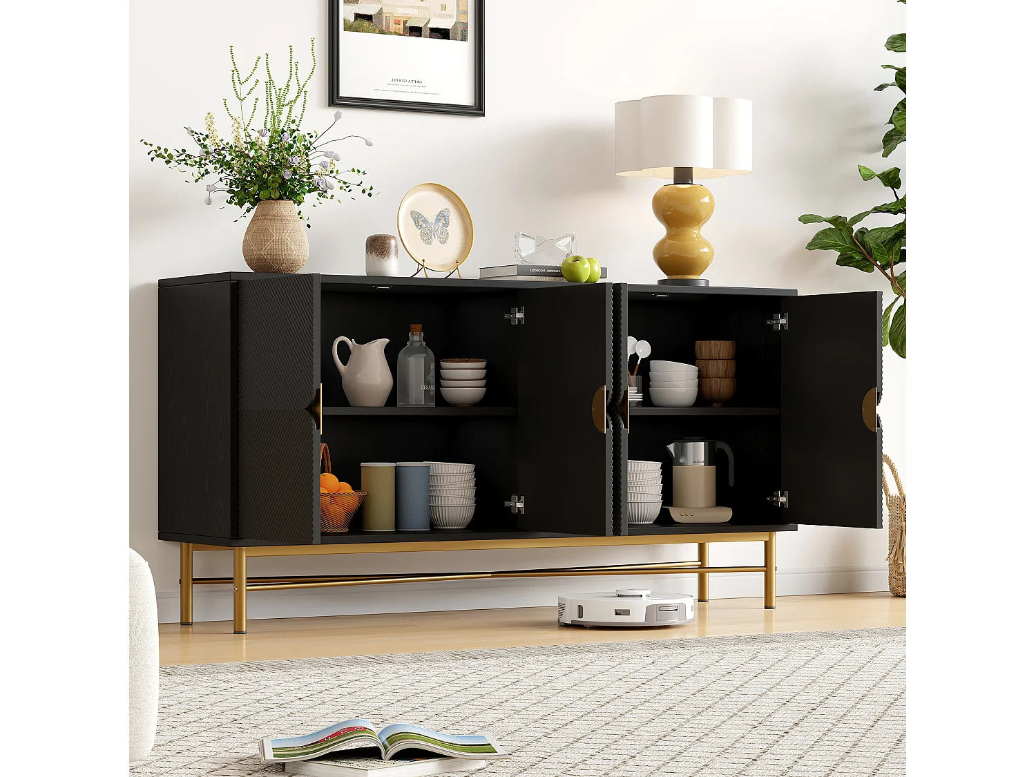 Credenza con texture in rilievo, 4 ante, maniglie dorate e gambe laccate, nero (160x40x82 cm)